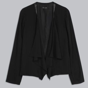 EILEEN FISHER Black Georgette Crepe Silk Leather Trim Waterfall Jacket Blazer M
